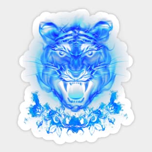 Blue Fire Tiger Cat And Roses Sticker